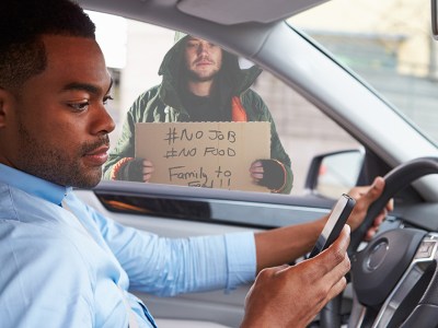 tesla, driver, car, homeless, sad, money, red light, beg, panhandle, rich, change, cup, money, cash, sign, cardboard, dirty, stand