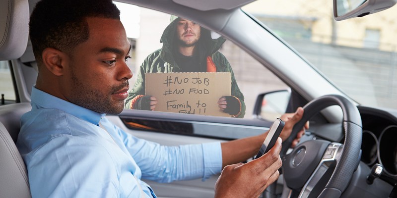 tesla, driver, car, homeless, sad, money, red light, beg, panhandle, rich, change, cup, money, cash, sign, cardboard, dirty, stand