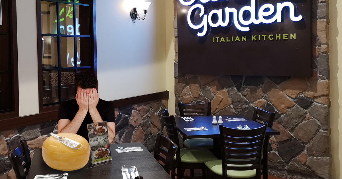 olive garden, cheese grater, depressed