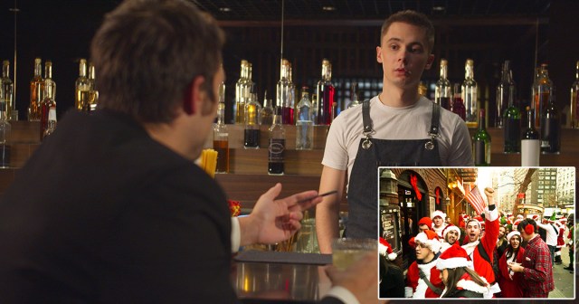Man Desperately Trying to Close Bar Tab After Seeing SantaCon Pub Crawl Slowly Approaching From Down the Block