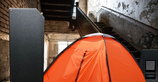 Band Lugging Gear up Stairs Decides to Stop Here and Make Basecamp for the Night