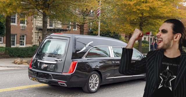 Goth Does Semi-Truck Fist Pump Thing as Hearse Drives By