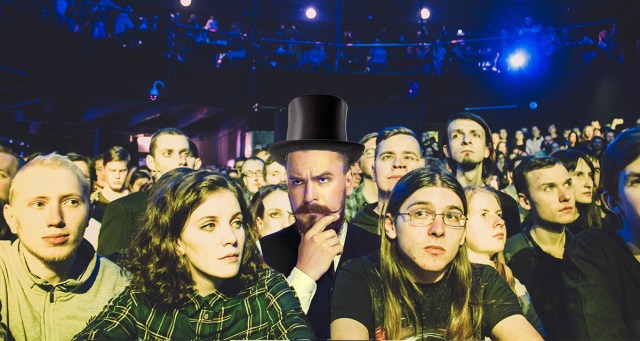 Top-Hatted Guy Twiddling Handlebar Mustache in Crowd Watches as Guitarist Inches Closer to Stepping on Landmine Disguised as Pedal