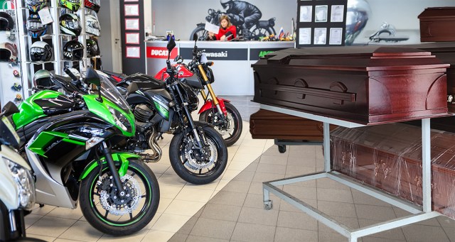 Forward-Thinking Motorcycle Dealership Offering Discount Caskets with Each Purchase